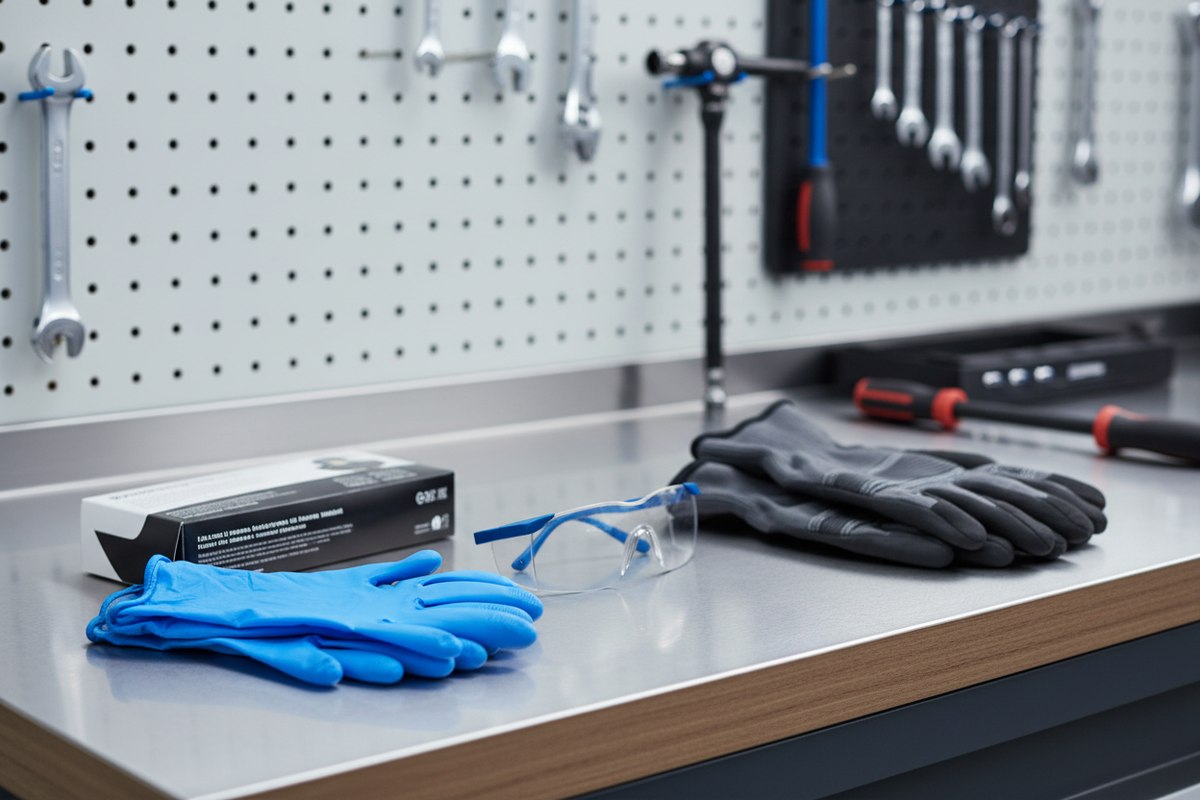 Blue disposable nitrile gloves, reusable work gloves, and safety glasses on an automotive service workbench.