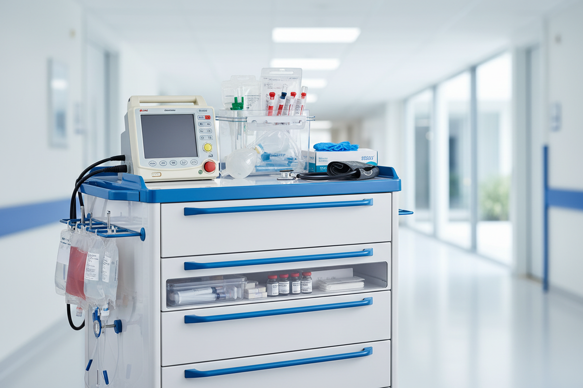 Organized hospital crash cart with defibrillator, airway supplies, monitoring equipment, IV supplies, gloves, and labeled drawers.