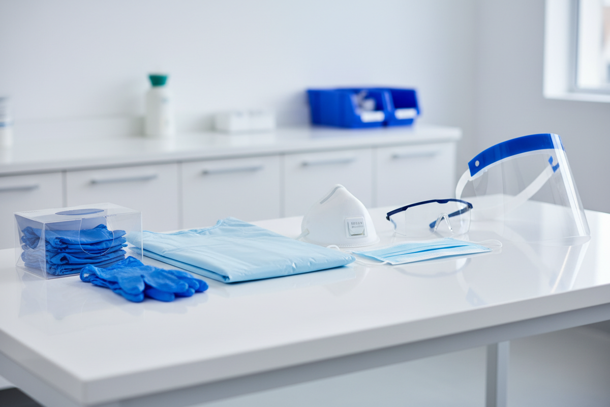 Medical PPE supplies including nitrile gloves, surgical gown, N95 respirator, protective eyewear, and face shield in a clinical setting.