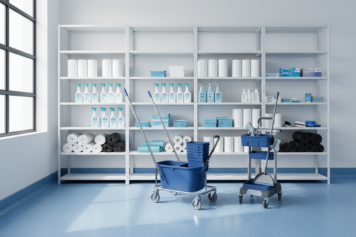 Organized school janitorial supply room with cleaning carts, mops, paper products, trash liners, and cleaning supplies.