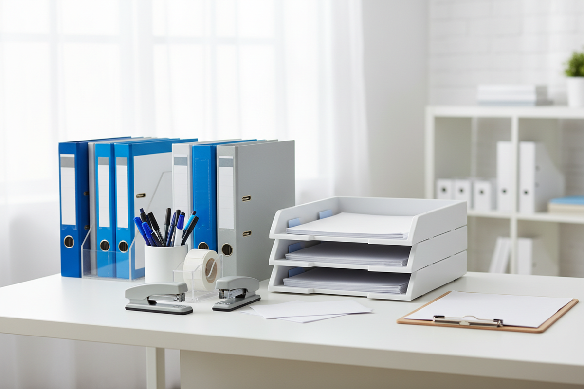 Organized school office desk with binders, printer paper, pens, staplers, document trays, and a clipboard.