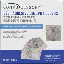 Compucessory Self-Adhesive Poly CD/DVD Holders 1 x CD/DVD Capacity - White - Polypropylene - 50 / Pack