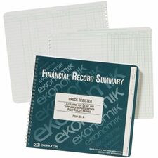Ekonomik Check / Deposit Register 40 Sheet(s) - Wire Bound - 10" x 8.75" Sheet Size - White Sheet(s) - Green Print Color - Recycled - 1 Each