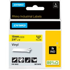 Dymo Colored Industrial Rhino Vinyl Labels 3/4" Width - Rectangle - Black, Yellow - Vinyl - Water Resistant - Abrasion Resistant, Temperature Resistant, Chemical Resistant, Solvent Resistant, Self-adhesive, Durable - 1 Each