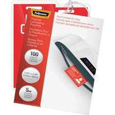 Fellowes Punched ID Card Glossy Thermal Laminating Pouches Laminating Pouch/Sheet Size: 3.88" Width x 5 mil Thickness - Glossy - for Document, ID Badge, ID Card - Durable, Pre-punched - Clear - 100 / Pack