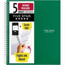 Five Star Five-subject Notebook 200 Sheets - Wire Bound - 8" x 10 1/2" Sheet Size - Assorted Plastic Cover - Pocket Divider, Subject, Perforated - 1 Each