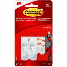 Command Utility Hooks 2 Small Hook - 1 lb (453.6 g) Capacity - Plastic - White - 2 / Pack