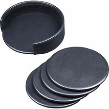 Dacasso Coaster with Holder 4 Coaster of 4" Diameter - Circle - Black - Leather - 1Each
