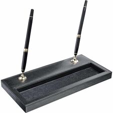 Dacasso Double Pen Stand with Gold Accent 1" Height x 11.1" Width x 5.4" Length - Leather - Black - 1 Each