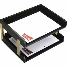 Dacasso Two Side Load Letter Trays With Gold Posts 7.75" Height x 10.60" Width x 15.25" Length - Desktop - Black - Leather - 1 Each