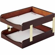 Dacasso Double Front Load Trays 2" Height x 10.50" Width x 13.75" Length - Desktop - Brown - Leather - 1 Each