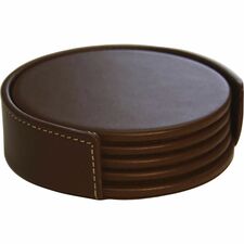 Dacasso Coaster Set with Holder 4 Coaster of 4" Diameter - Circle - Brown - Leather - 1Each