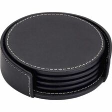 Dacasso Coaster Set with Holder 4 Coaster - Circle - Black - Leather - 1Each