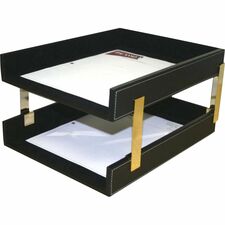 Dacasso Double Front Load Stacking Letter Tray 2" Height x 10.60" Width x 13.75" Length - Desktop - Black - Leather - 1 Each