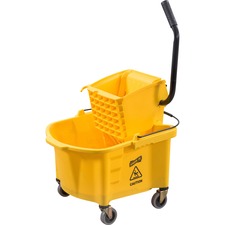 Genuine Joe Splash Shield Mop Bucket/Wringer 6.50 gal - Wringer, Caution Sign, Handle, Measurement Marking, Caster, Putty Knife Holder, Mop Stick Holder - Plastic, Metal - Black, Yellow - 1 Each