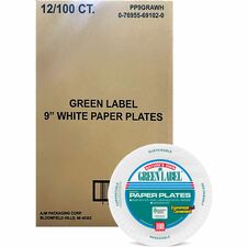 Green Label 9" Green Label Economy Paper Plates Microwave Safe - 9" Diameter - White - Paper Body - 100/Bag - 12 / Carton