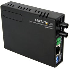 StarTech.com 10/100 Multi Mode Fiber Copper Fast Ethernet Media Converter ST 2 km 1 x Network (RJ-45) - 1 x ST Ports - DuplexST Port - Multi-mode - 1310 nm Fiber - Fast Ethernet - 10Base-T, 100Base-FX, 100Base-FX - 2 km - AC Adapter - External - TAA Compl