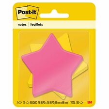 Post-it® Super Sticky Die-Cut Notes 150 - 3" Flag/Note Width x 3" Flag/Note Length - Star - 75 Sheets per Pad - Unruled - Yellow, Pink - Self-adhesive - 2 / Pack