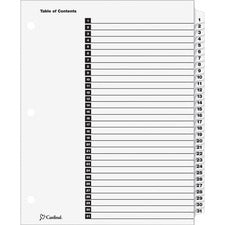 Cardinal® OneStep Daily Index System 31 x Divider(s) - Printed Tab(s) - Digit - 1-31 - 31 Tab(s)/Set - 9" Divider Width x 11" Divider Length - Letter - 8.50" Width x 11" Length - 3 Hole Punched - White Divider - White Tab(s) - Reinforced Tab, Reinforc