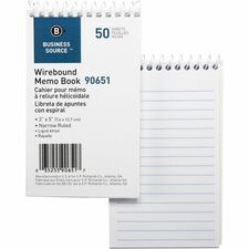 Business Source Wirebound Memo Books 50 Sheet(s) - Wire Bound - 5" x 3" Sheet Size - White - White Sheet(s) - 1 Dozen