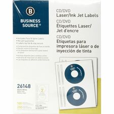 Business Source CD/DVD Labels 4 5/8" Diameter - Permanent Adhesive - Circle - Inkjet, Laser - White - Lignin-free, Smudge Resistant - 100 / Pack