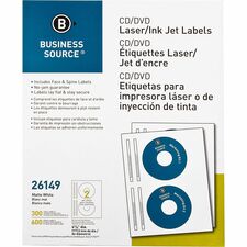 Business Source CD/DVD Labels 4 5/8" Diameter - Permanent Adhesive - Circle - Inkjet, Laser - White - Lignin-free, Smudge Resistant - 300 / Pack