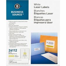 Business Source Bright White Premium-quality Address Labels 1" Width x 4" Length - Permanent Adhesive - Rectangle - Laser, Inkjet - White - Lignin-free, Jam-free - 20 / Sheet - 100 Total Sheets - 2000 / Pack
