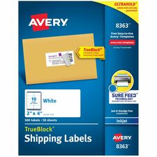 Avery® Shipping Labels, Sure Feed®, 2" x 4" , 500 Labels (8363) 2" Width x 4" Length - Permanent Adhesive - Rectangle - Inkjet - Matte - White - Paper - Permanent Adhesive, Jam Resistant, Customizable, Smudge Resistant - 10 / Sheet - 50 Total Shee