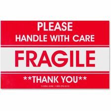 Tatco Fragile/Handle With Care Shipping Label Fragile - Handle with Care, Thank You - 3" Width x 5" Length - Rectangle - Red - 500 / Roll - 500 / Roll