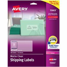 Avery® Clear Shipping Labels, Sure Feed, 2" x 4" , 100 Labels (15663) 2" Width x 4" Length - Permanent Adhesive - Rectangle - Laser - Matte - Clear - Film - Chlorine-free, Curl Resistant, Easy Peel, Jam Resistant, Peeling Resistant, Permanent Adhesive