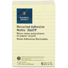 Business Source Yellow Adhesive Notes 4" Flag/Note Width x 6" Flag/Note Length - Rectangle - Ruled - Yellow - Self-adhesive, Removable - Recycled - 5 / Pack