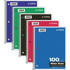 TOPS Wide Rule 1-subject Spiral Notebook 100 Sheets - Wire Bound - 10 1/2" x 8" Sheet Size - 0.25" Height x 8" Width x 10.5" Length - Assorted Paper - Black Card Stock, Red, Blue, Green, Purple Cover - Perforated, Subject, Easy Tear, Durable Cover - 1 Eac
