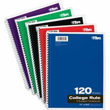 TOPS 3 - subject College Ruled Notebook - Letter 120 Sheets - Wire Bound - Letter - 8 1/2" x 11" Sheet Size - 0.25" Height x 8.5" Width x 11" Length - Assorted Paper - Black, Red, Blue, Green, Purple Cover - Divider, Perforated - 1 Each