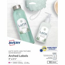 Avery® Arched Labels - Sure Feed - Print-to-the-Edge 3" Width x 2 1/4" Length - Permanent Adhesive - Arched Rectangle - Laser - Matte White - Paper - Water Resistant - 9 / Sheet - 10 Total Sheets - 90 Total Label(s) - 90 / Pack