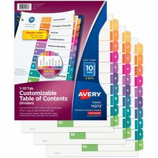 Avery® Ready Index Custom TOC Binder Dividers 30 x Divider(s) - 1-10 - 10 Tab(s)/Set - 8.5" Divider Width x 11" Divider Length - 3 Hole Punched - White Paper Divider - Multicolor Paper Tab(s) - 20% - Hole-punched, Printable, Reinforced Tab, Pre-printe