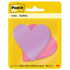Post-it® Die-Cut Notes 3" Flag/Note Width x 3" Flag/Note Length - Star, Heart - 75 Sheets per Pad - Unruled - Purple, Pink - Self-adhesive, Self-stick - 2 / Pack