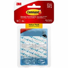 Command Mini Clear Hooks with Clear Strips 7.94 oz (225 g) Capacity - 1.1" Height x 0.9" Width x 1.1" Length - Plastic - Clear - 18 / Pack