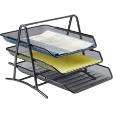 Lorell Mesh 3-Tier Mesh Document Tray 11" Height x 10.75" Width x 14.25" Depth - Black - Steel - 1 Each
