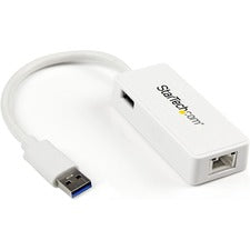 StarTech.com USB 3.0 to Gigabit Ethernet Adapter NIC w/ USB Port - White USB - 1 Port(s) - 1 x Network (RJ-45) - Twisted Pair - 10/100/1000Base-T - Desktop