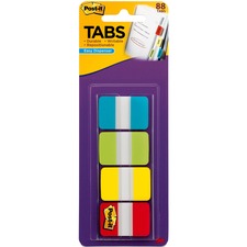 Post-it® Tabs in On-the-Go Dispenser 88 Write-on Tab(s) - 1.50" Tab Height x 1" Tab Width - Blue, Green, Yellow, Red Tab(s) - Repositionable - 88 / Pack