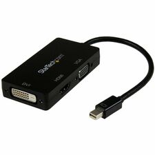 StarTech.com Travel A/V adapter: 3-in-1 Mini DisplayPort to VGA DVI or HDMI Converter 1 x 20-pin Mini DisplayPort Digital Audio/Video - Male - 1 x 19-pin HDMI Digital Audio/Video - Female, 1 x 15-pin HD-15 - Female, 1 x 25-pin DVI-D Digital Video - Female