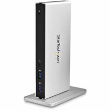 StarTech.com Dual-Monitor USB 3.0 Docking Station with DVI and Vertical Stand for Notebook - Charging Capability - USB 3.0 - 2 Displays Supported - 2048 x 1152 - 5 x USB 3.0 - Network (RJ-45) - DVI - Black, Silver - Audio Line In - Microphone - Wired - Gi