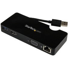 StarTech.com Travel Docking Station for Laptops - HDMI or VGA -USB 3.0 for Notebook - USB 3.0 - 1 Displays Supported - 2048 x 1152 - 2 x USB Ports - 2 x USB 3.0 - USB Type-A - Network (RJ-45) - HDMI - VGA - Black - Wired - Gigabit Ethernet - macOS 14, Win