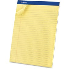 Ampad Basic Perforated Writing Pads - Legal 50 Sheets - Stapled - 0.34" Ruled - 15 lb Basis Weight - Legal - 8 1/2" x 11 1/2" Sheet Size x 8.5" Width x 11.8" Length - Canary Yellow Paper - Dark Blue Binding - Sturdy Back, Chipboard Backing, Micro Perforat