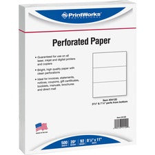 Printworks Pre-Perforated Paper for Invoices, Statements, Gift Certificates & More Letter - 8 1/2" x 11" - 20 lb Basis Weight - Sustainable Forestry Initiative (SFI) - Perforated - White - 500 / Ream