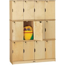 Jonti-Craft Triple Stack Children's Stacking Lockers 48.5" Width x 15" Depth x 67" Height - Stackable, Lockable, Sturdy, Key Lock, Kick Plate - Wood Grain - Baltic Birch Plywood - 12/Set