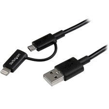 StarTech.com Lightning or Micro USB to USB cable - 1m (3ft), black 3.28 ft Lightning/USB Data Transfer Cable for iPad, iPhone, iPod, PC - First End: 1 x 8-pin Lightning - Male, 1 x 5-pin Micro USB Type B - Male - Second End: 1 x 4-pin USB Type A - Male -