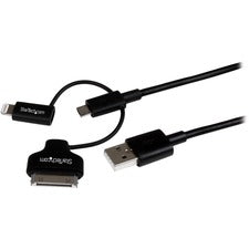 StarTech.com Lightning/30-pin Dock/Micro USB to USB Combo Cable 3.28 ft Lightning/Proprietary/USB Data Transfer Cable for iPhone, iPad, iPod, Tablet - First End: 1 x 8-pin Lightning - Male, 1 x 30-pin Apple Dock - Male, 1 x 5-pin Micro USB 2.0 Type B - Ma