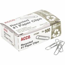 ACCO Recycled Paper Clips No. 1 - 1.3" Length - 10 Sheet Capacity - Durable, Reusable - Silver - Metal - 100/Box - 10 / Pack