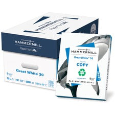 Hammermill Great White Recycled Copy Paper - White 92 Brightness - Letter - 8 1/2" x 11" - 20 lb Basis Weight - Acid-free, Archival-safe, Jam-free - White - 500 Sheets per Ream - 400 / Pallet